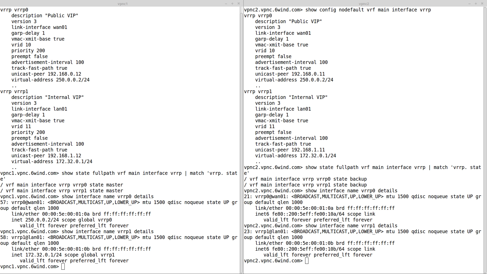 comparing the configuration and the status of vpnc1 (left) and vpnc2 (right) 1