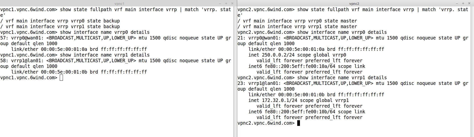 comparing the configuration and the status of vpnc1 (left) and vpnc2 (right) 2