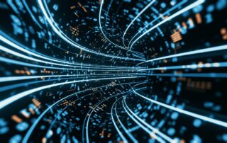 3D Rendering of binary tunnel with led leading light. Concept for data mining, big data visualization, machine learning, data discovery technology, customer product analysis.